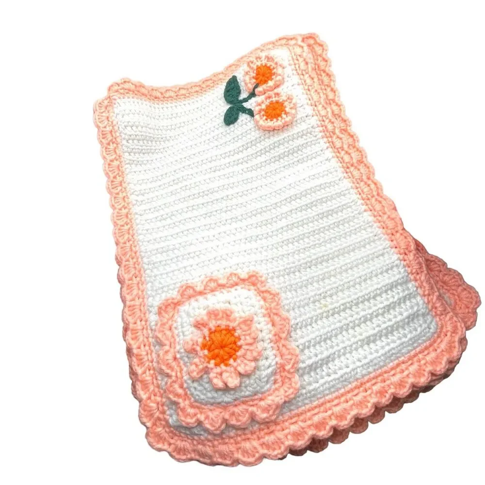 Placemats Crochet Set Of 6 Vintage Orange White Retro 18 X 12 Country Kitsch